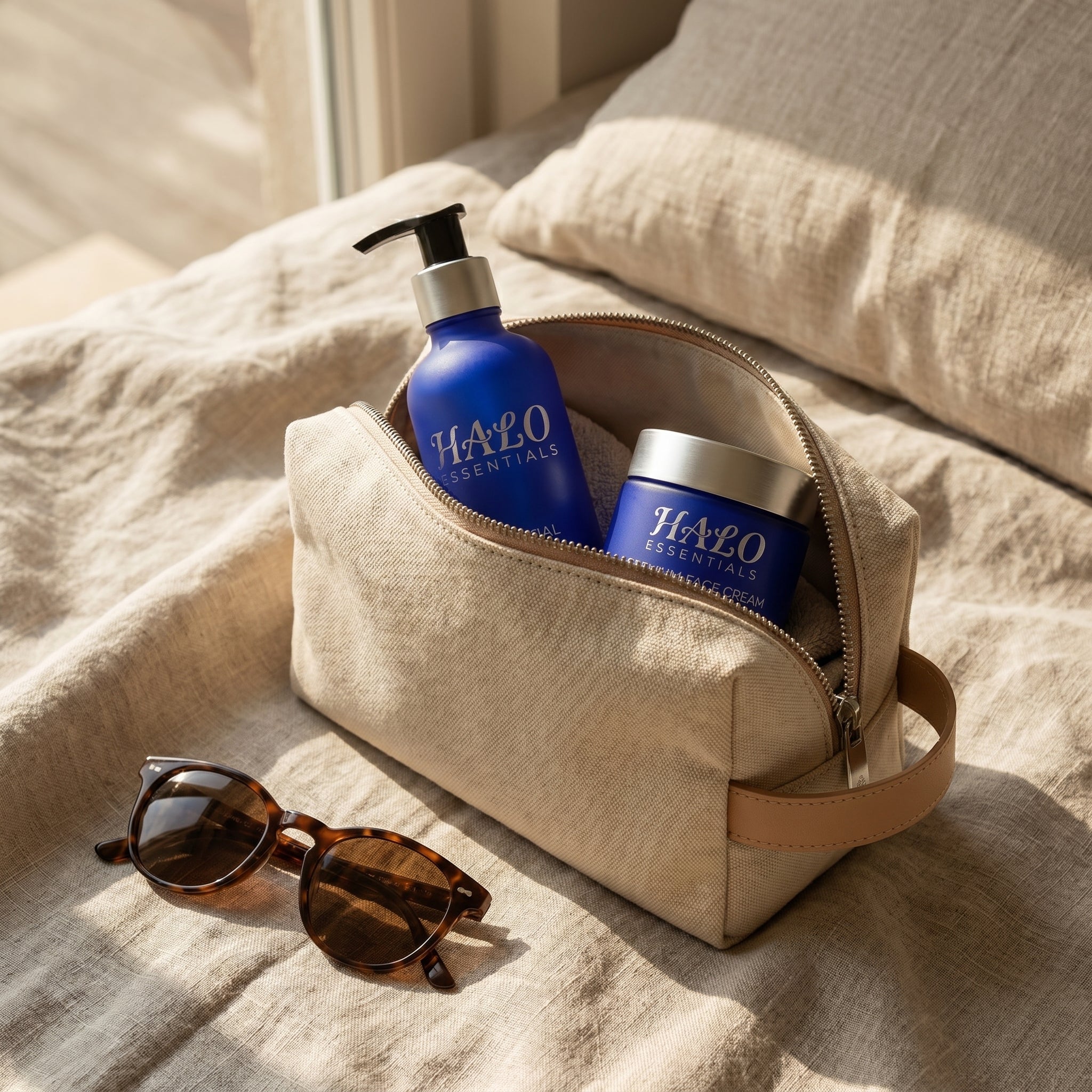 Halo Essentials body oil and face cream in a travel toiletry pouch