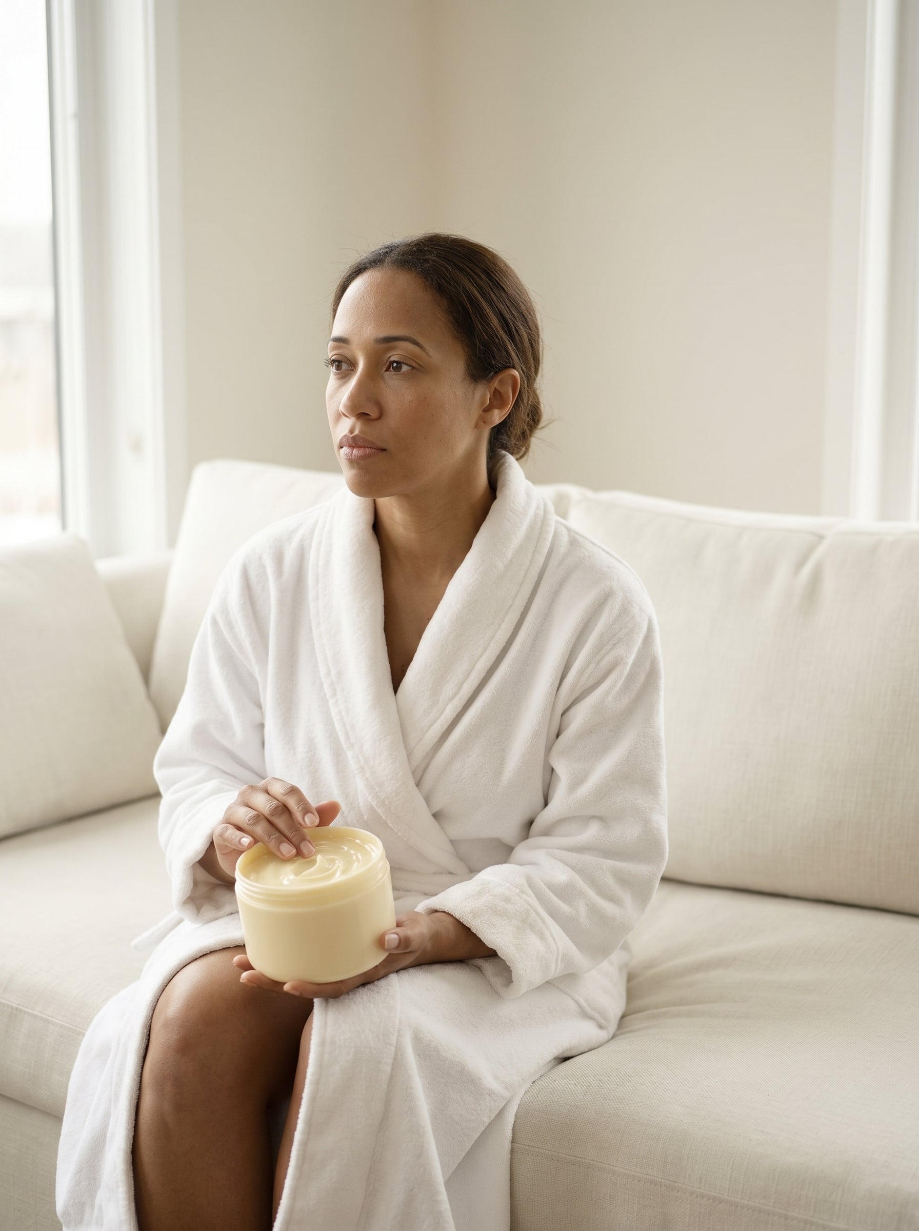 Woman holding a heavy, rich cream jar, unconvinced