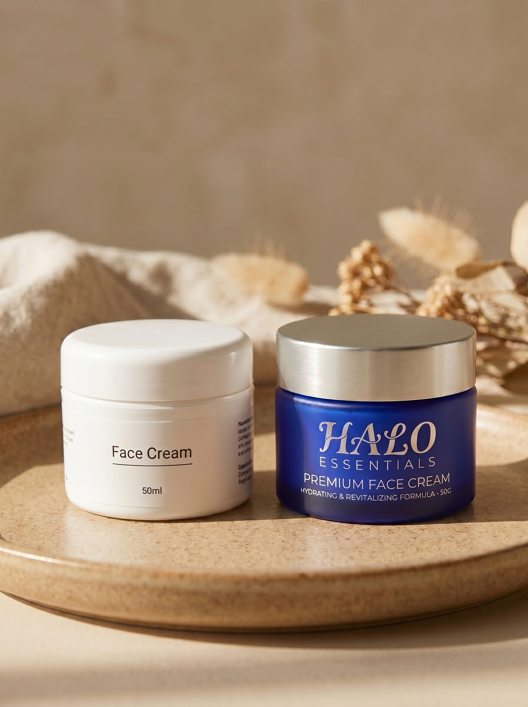 A plain generic face cream jar beside the premium Halo Essentials jar