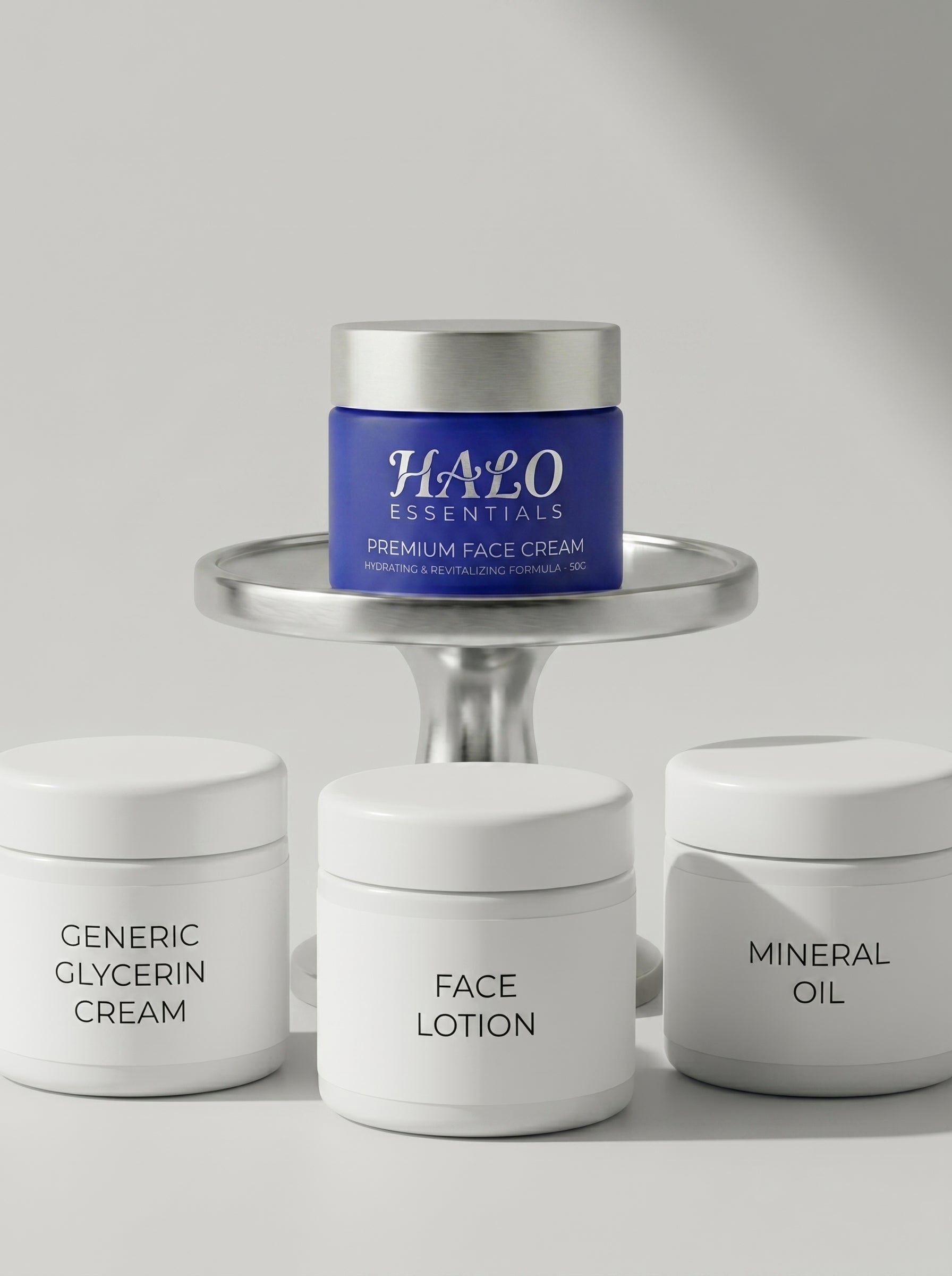 Halo Essentials face cream elevated above three generic facial products