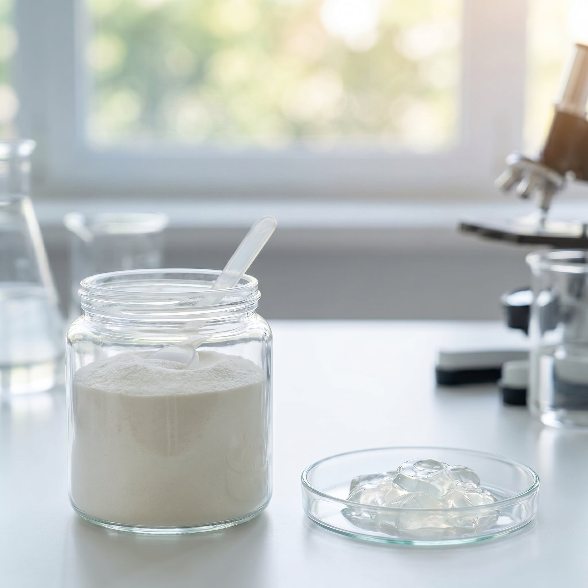 Hydrolyzed collagen powder and gel in a lab