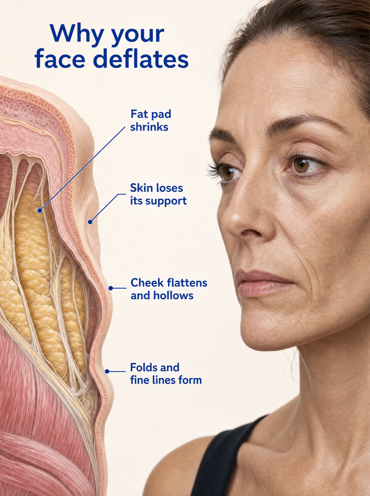 Diagram of facial deflation after weight loss: the fat pad shrinks, the skin loses support, the cheek flattens and hollows, and fine lines form