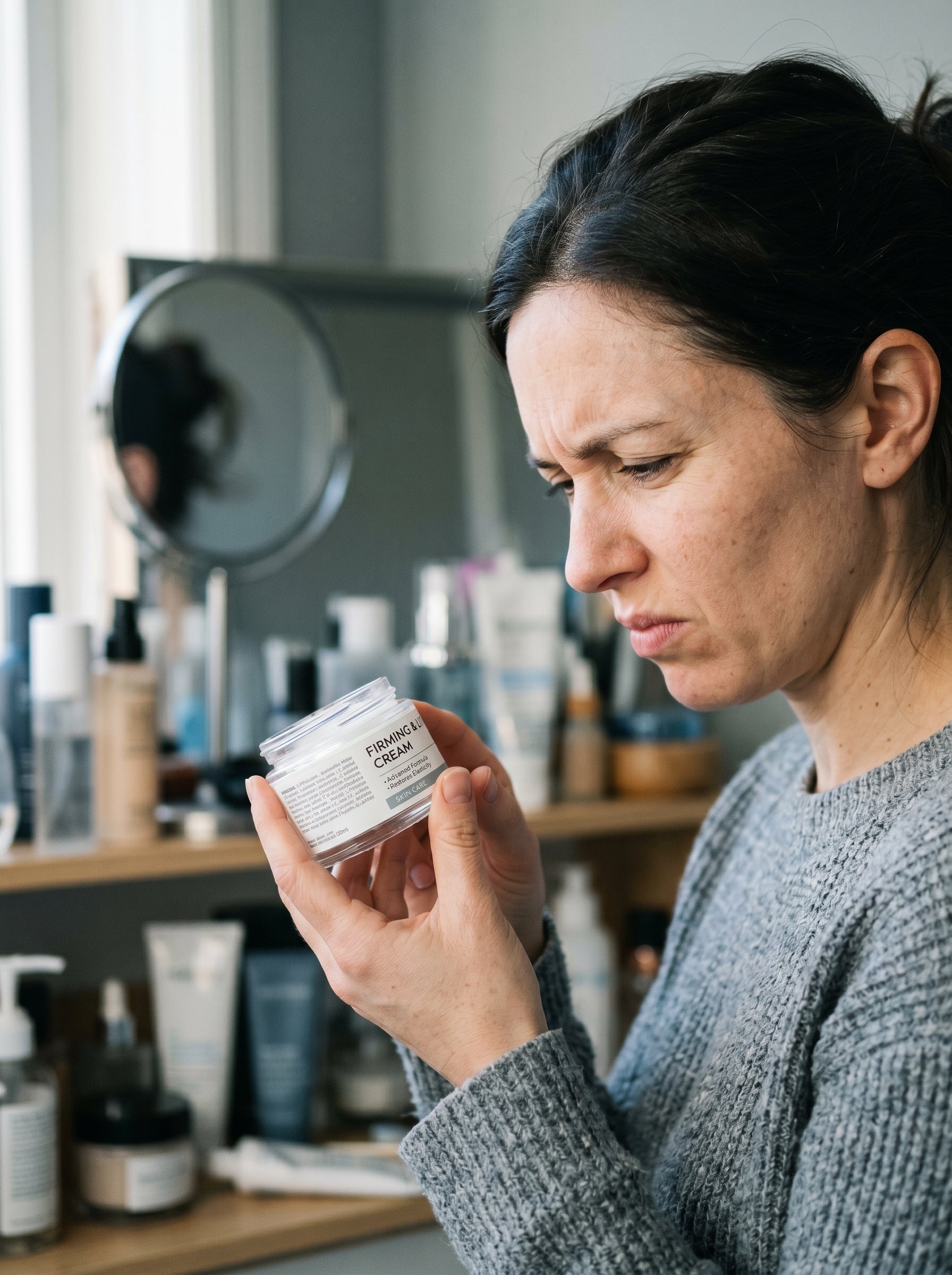 Woman skeptically reading a firming cream label