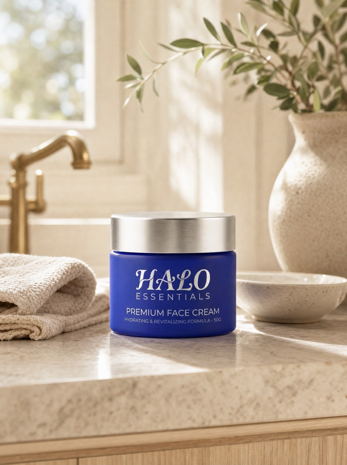 Halo Premium Face Cream jar on a sunlit home bathroom vanity