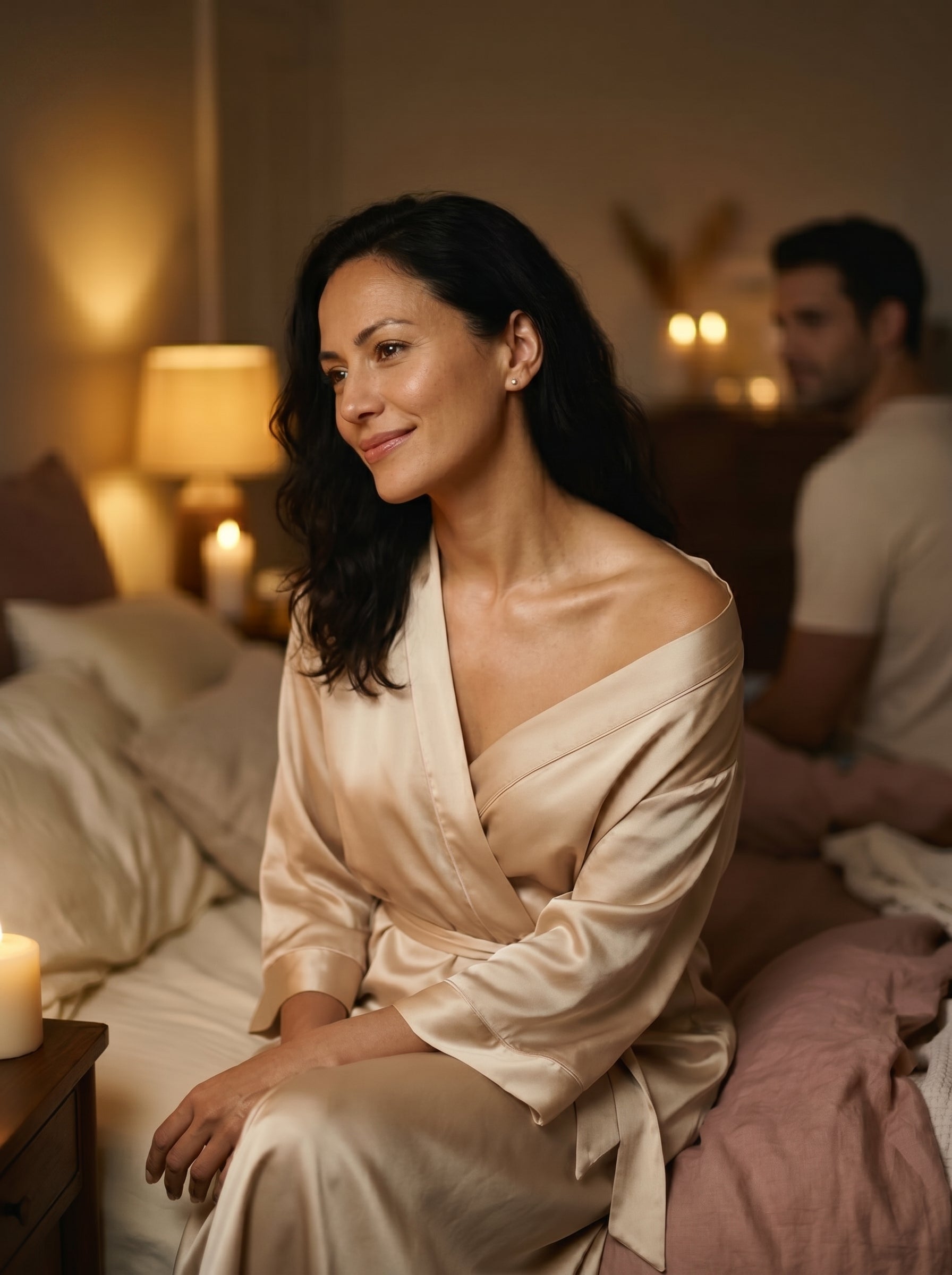 A woman relaxed and glowing on the bed at home, her partner softly out of focus behind her